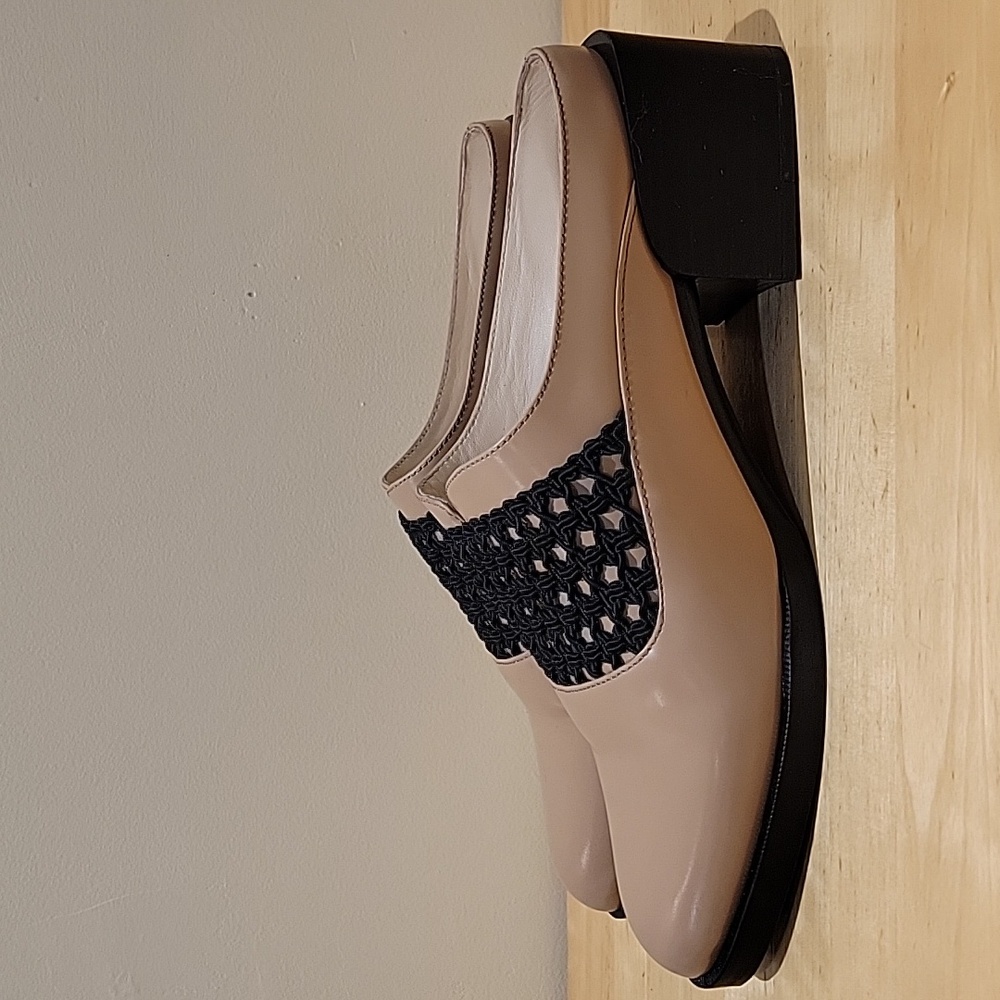 3.1 Phillip Lim Beige Smooth Leather Black Woven Chunky Heels Mules